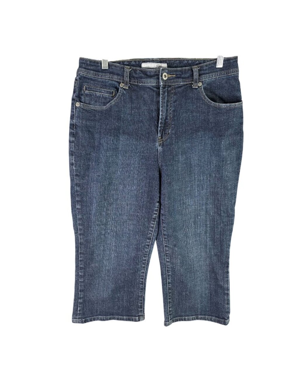 Womens Chicos Platinum Blue Denim Capri Jeans Cotton Stretch Mid Rise 1.5 Short